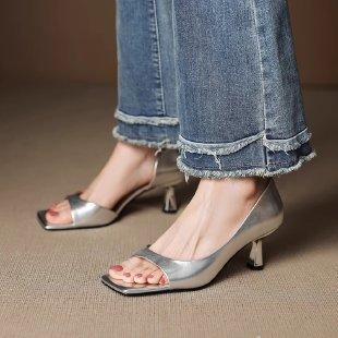 Women's Elegant Open Toes Square Head Slim Heel Sandals  Summer New Style Fashion Comfortable Breathable Slip On Cool Pumps