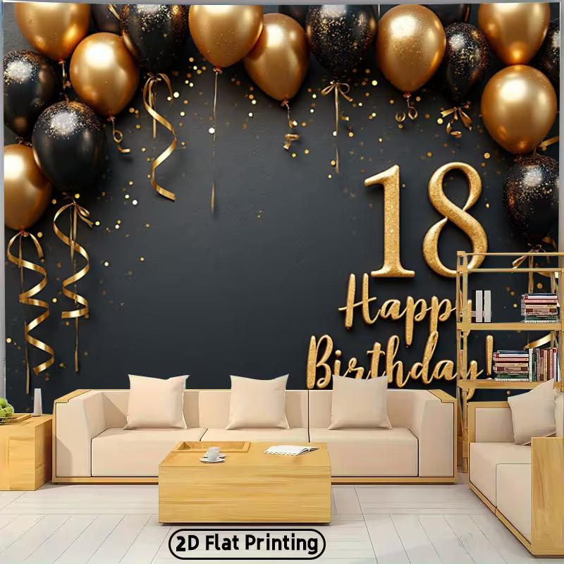 2D Elegant Black Gold Theme 18th Birthday Photography Background Cloth