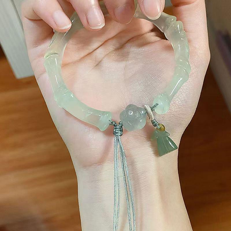 Chinese Antique Style Imitation Jade Lotus Bangle Chinese Style Tassel High-End Bamboo Bracelet Collection Jewelry Gift Femme