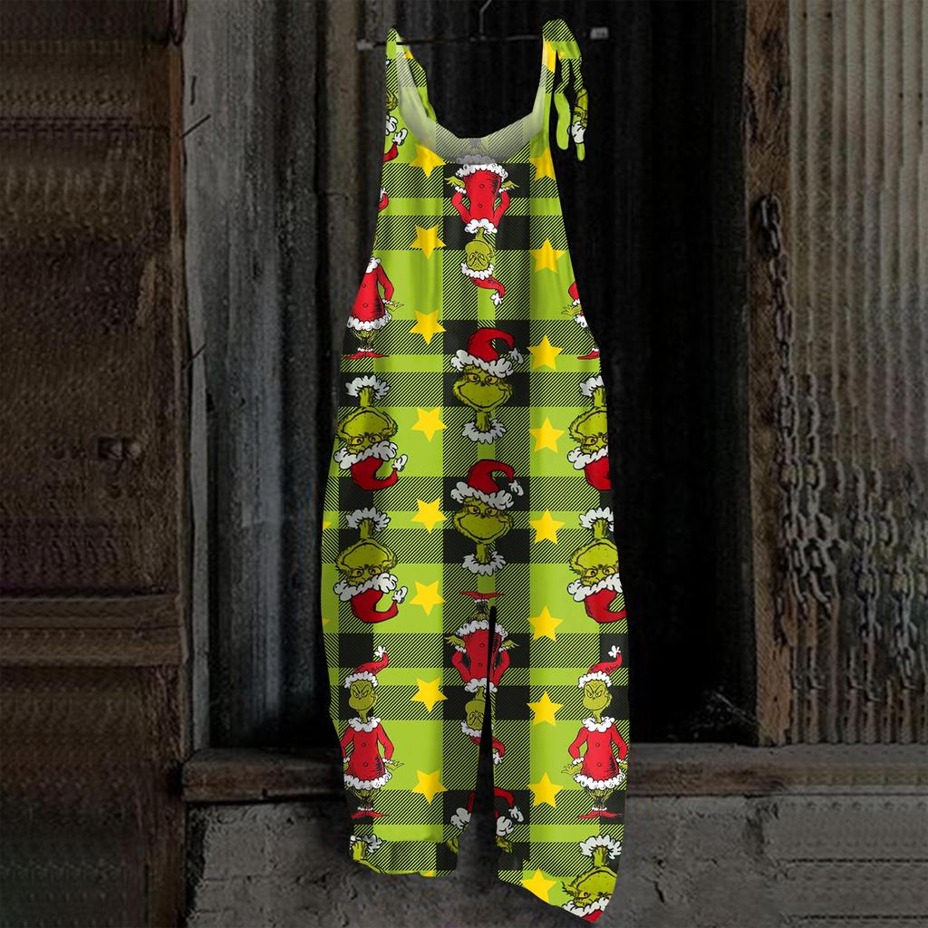 Damski kombinezon z nadrukiem Halloweenowym, casualowy, luźny, vintage, na ramiączkach, bawełniano-lniany