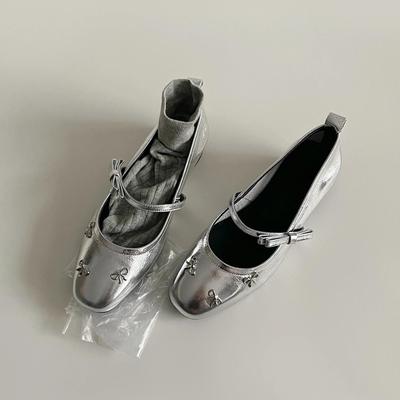 Silver Flat-soled Single Shoes Women's Shallow Mouth Mary Jane Shoes One-word Buckle Bow Versatile Small Leather Shoes