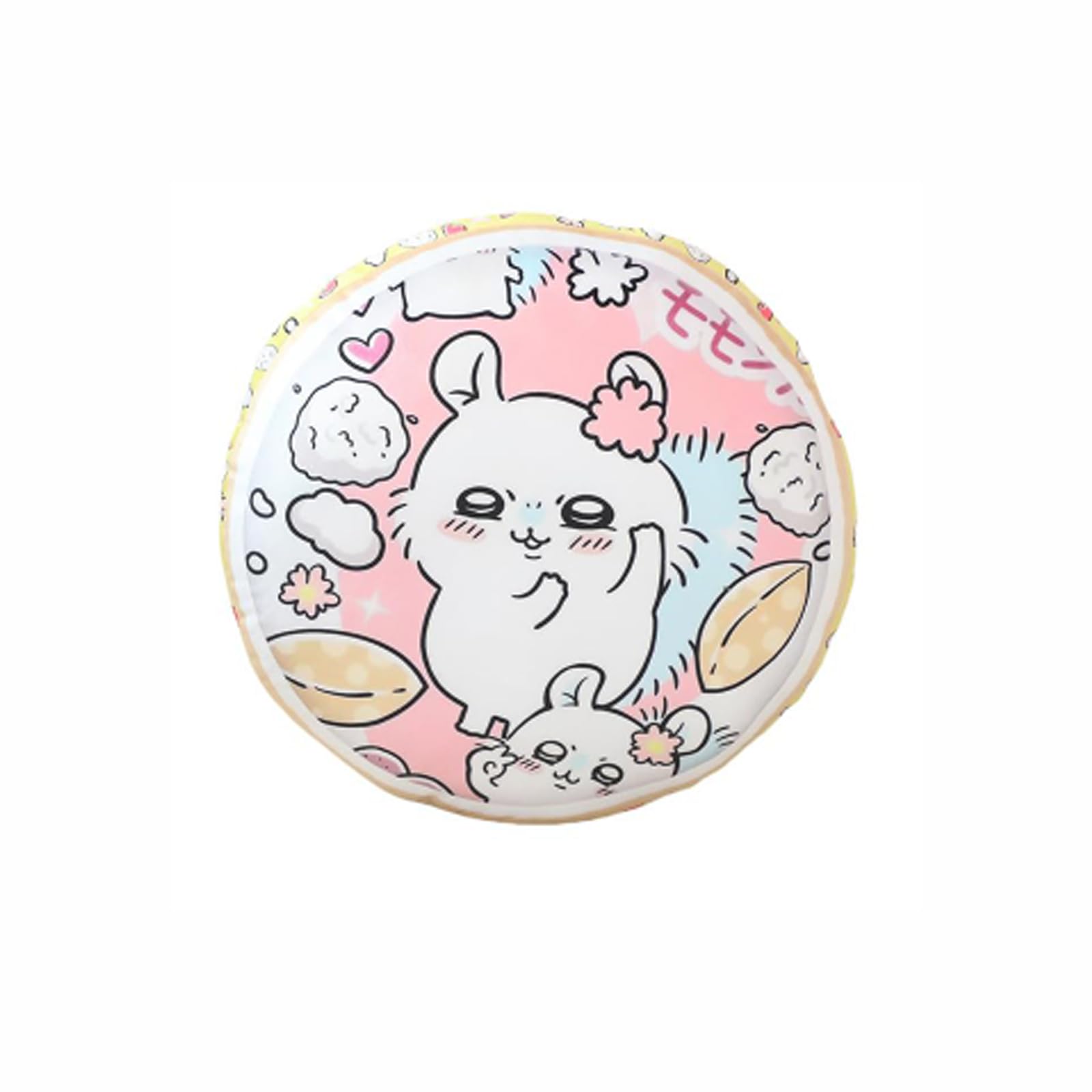 

Soft, round plush pillow featuring a flaming hachiware rabbit and flying squirrel. Suitable for car, chair, or other use. Highly resilient, portable,