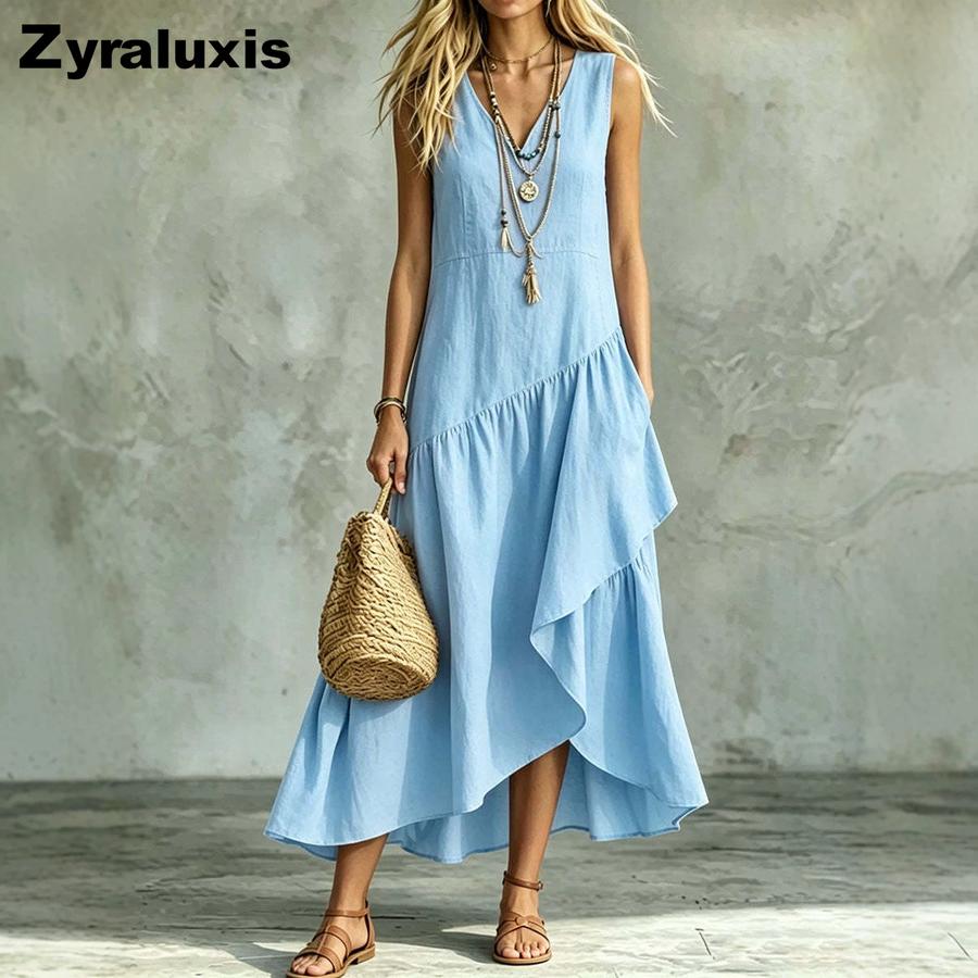 Women s Summer New V-Neck Ruffled Hem Sleeveless Pure Color Cotton Linen Casual Dress S синий
