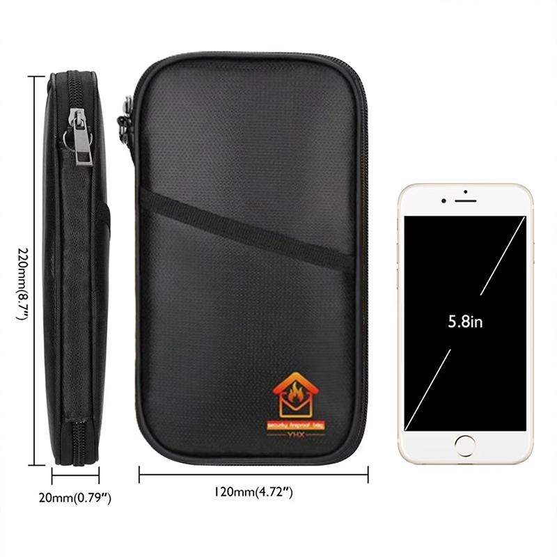 Black Fireproof Passport and ID Storage Bag Waterproof Travel Business Card and Bank Card Anti-demagnetization Clutch Bag