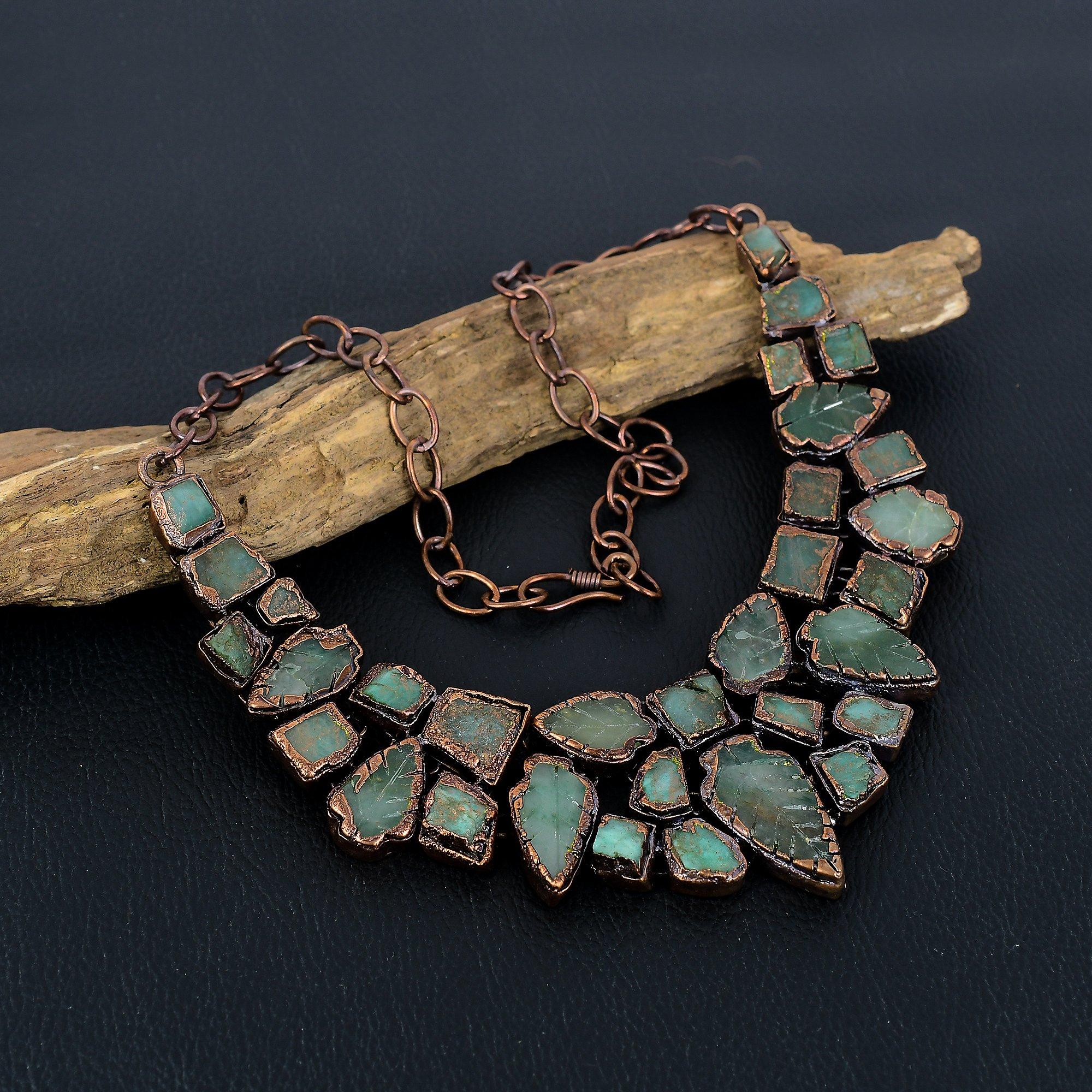 

Carved Leaf Green Onyx Gemstone Necklace, Copper Electroformed Handmade Designer Necklace Jewelry, Adjustable Chain Necklace Gift For Women