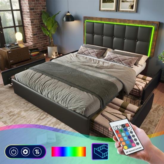 Bed Frame with LED Lighting Bar and 4 Drawers, Double Bed Upholstered Bed 140x200cm, Height-Adjustable Headboard, Functional Bed, Faux Leather Black