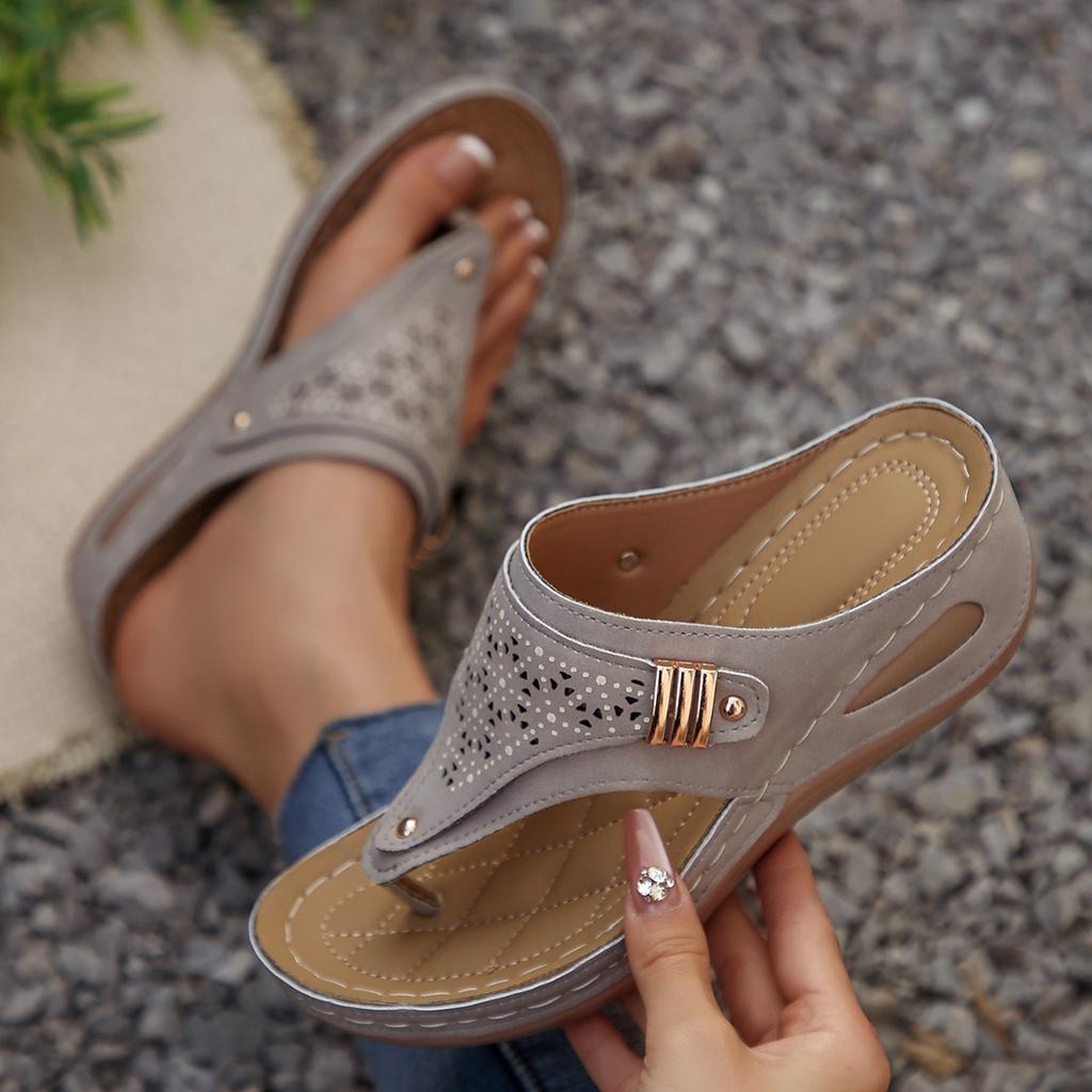 Flip Flops Women's Hollow Out Wedge Summer  Wedge Sandals Clip Toe Orthopedic Sandals Woman Pu Leather Non-Slip Soft Slippers