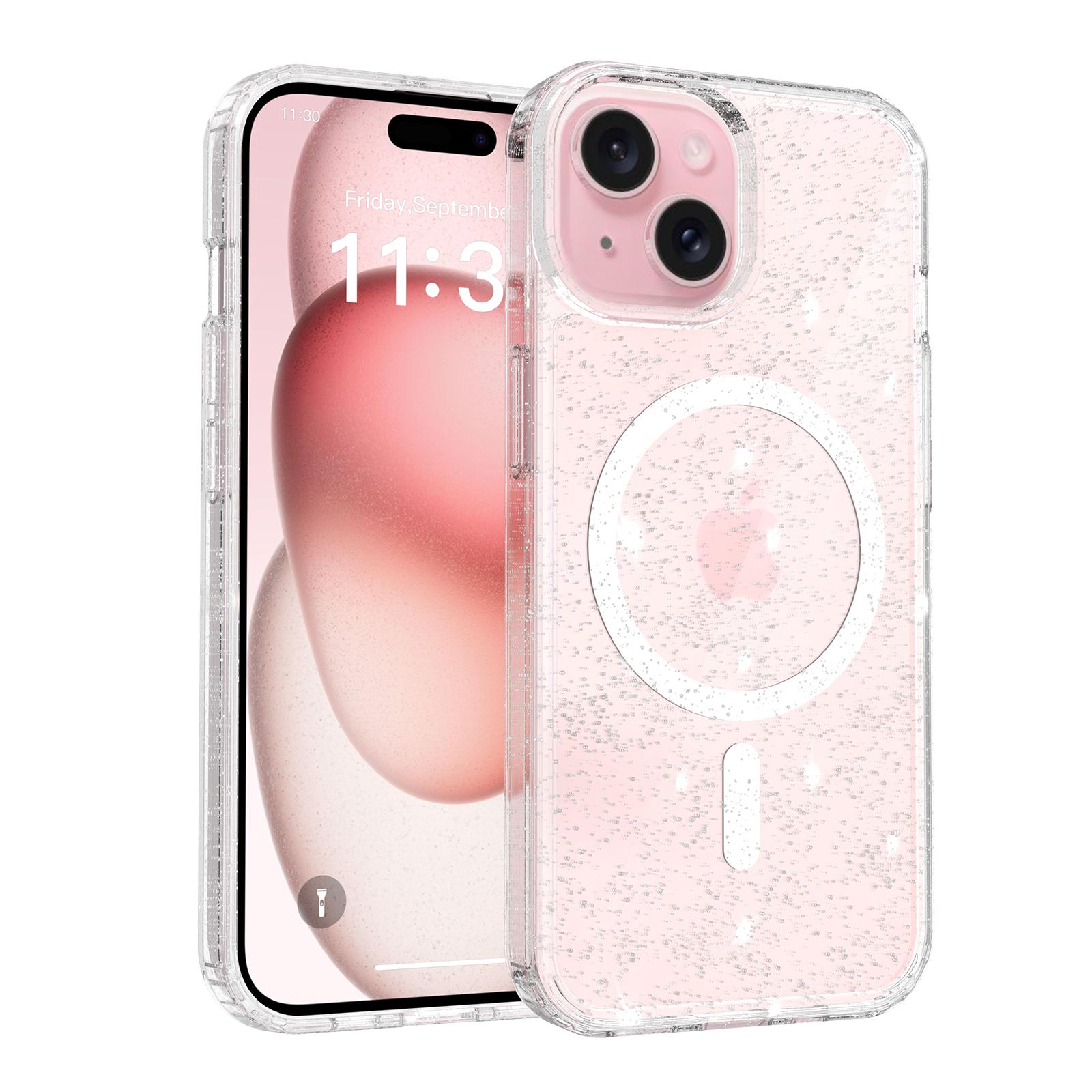 For iPhone 15 Magnetic Case Glitter Design TPU PC PET Drop Proof Phone Cover