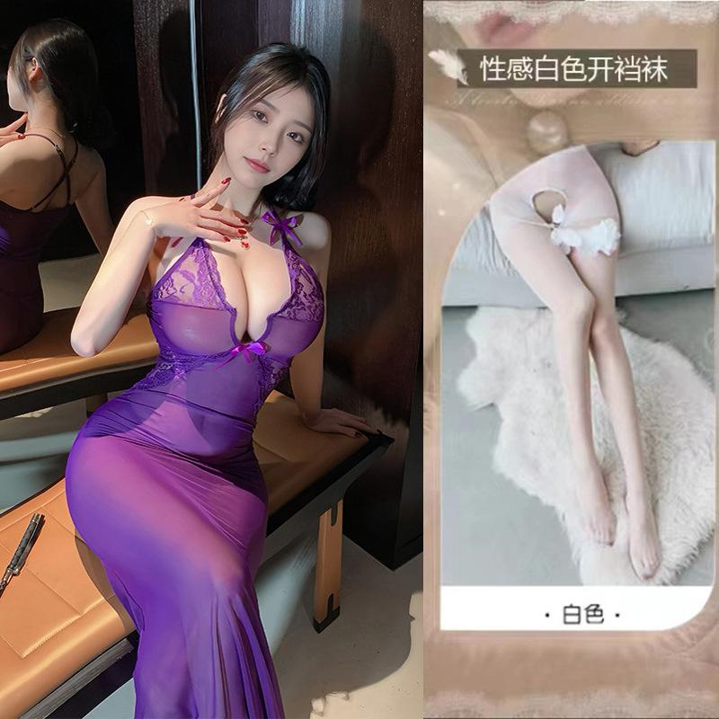 Sexy lingerie sexy perspective long dress female deep v suspender flirting seduction bed dating pure lust passion
