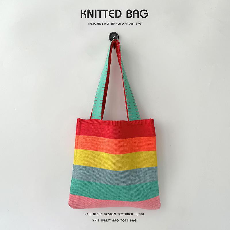 "Rainbow Knit Women's Tote: Large Capacity, Versatile Shoulder Handbag for Spring/Summer"