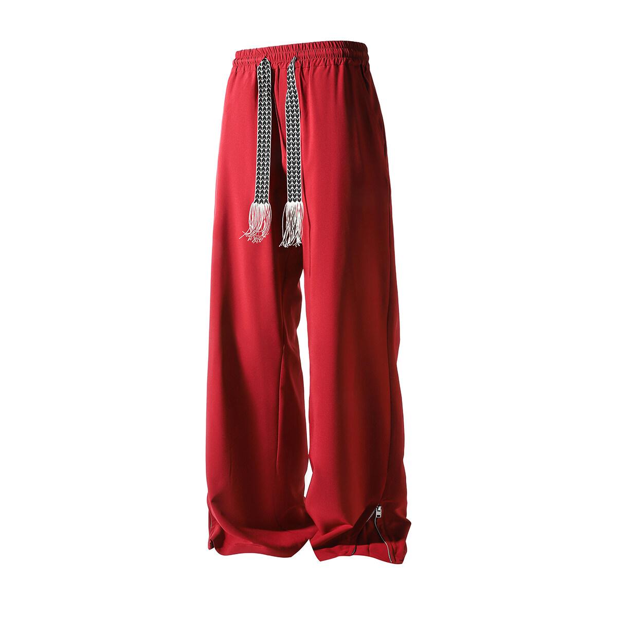 

Fashion Zipper Design Trouser Legs Casual Pants Men s Solid Straight Elastic Waist Trousers Simple Boot Cut Daily Pants XXL вина червоного кольору