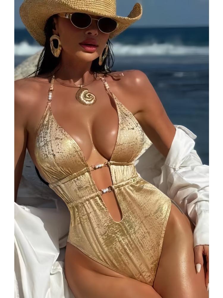 

Fashion Shiny Fabric Drawstring Hollow Out Lace Up Bikini Swimsuit For Beach XL шампанського