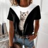Women's Fashion Casual Short Sleeve Crew Neck Cat Print Pullover T-Shirt Tops For Spring Summer Cute Clothing Trend