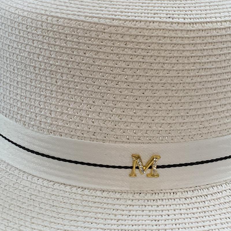 M Straw Hat Women's Simple Flat-top Letter Elegant White Top Hat British Sun Protection Beach Vacation Sun Hat