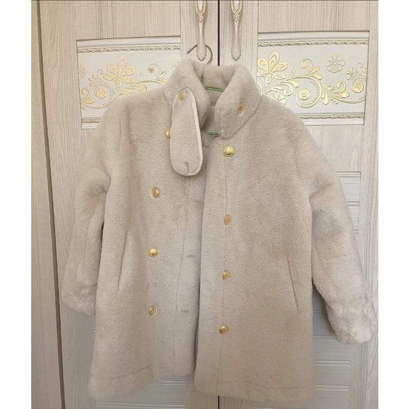 Winter Warm Girls Fashion Double-Breasted Cotton Lined Faux Fur Jackets School Kid Thick Coat Children Outfit Windbreaker