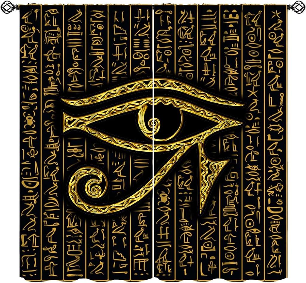 Ancient Egyptian Curtains Eye Horus Golden Hieroglyphs Print Window Treatments Living Curtain Vintage Made Of Polyester Washable