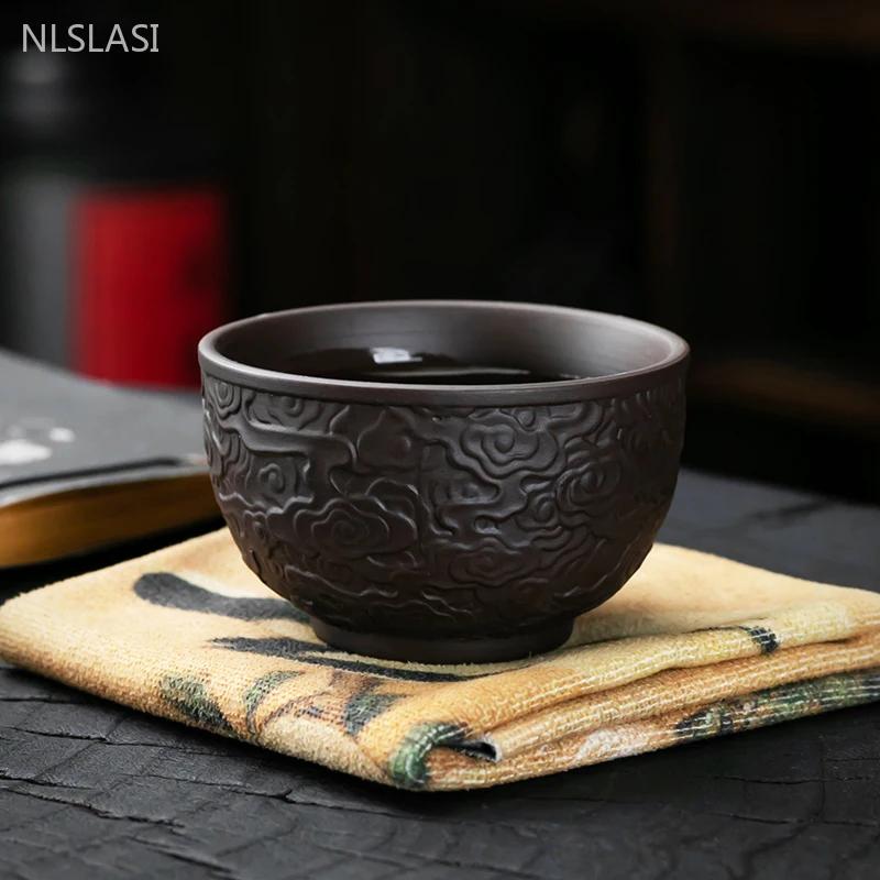 2pcs/80ml Yixing Purple Clay Tea Cup Handmade Relief Tea Cup Set Custom Beauty Master Cup Home Zen Tea Accessories