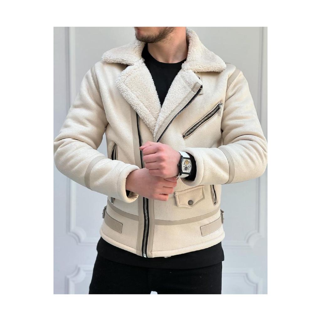 Men's Stone White Napa Leather Coat With Full Shearling Inside Northern Model Coat