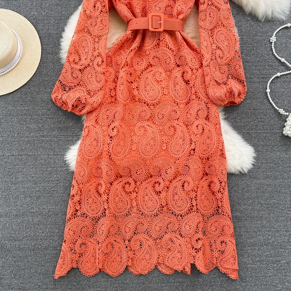 Spring Autumn Red/Yellow/Purple/Blue Hollow Out Embroidered Long Dress Women Vintage Lace Puff Sleeve Party Maxi Vestidos