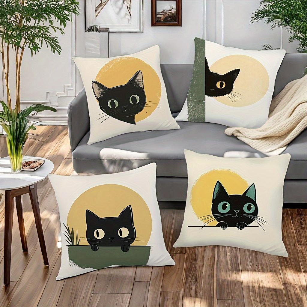 Cute Black Cat Pattern Digital Printing Pillow Cover Short Plush Suitable Living Rooms Bedrooms Sofas Throw Cushion Cover 4Pcs