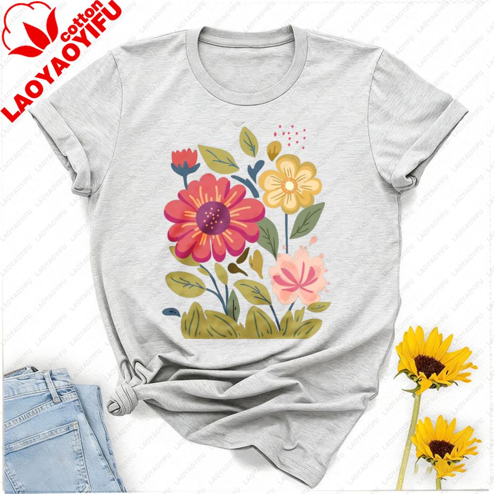 Unisexs Floral Graphic TShirt Short Sleeve Wildflower Tee Colorful Botanical Print Soft Cotton Crew Neck Shirt Spring Summer