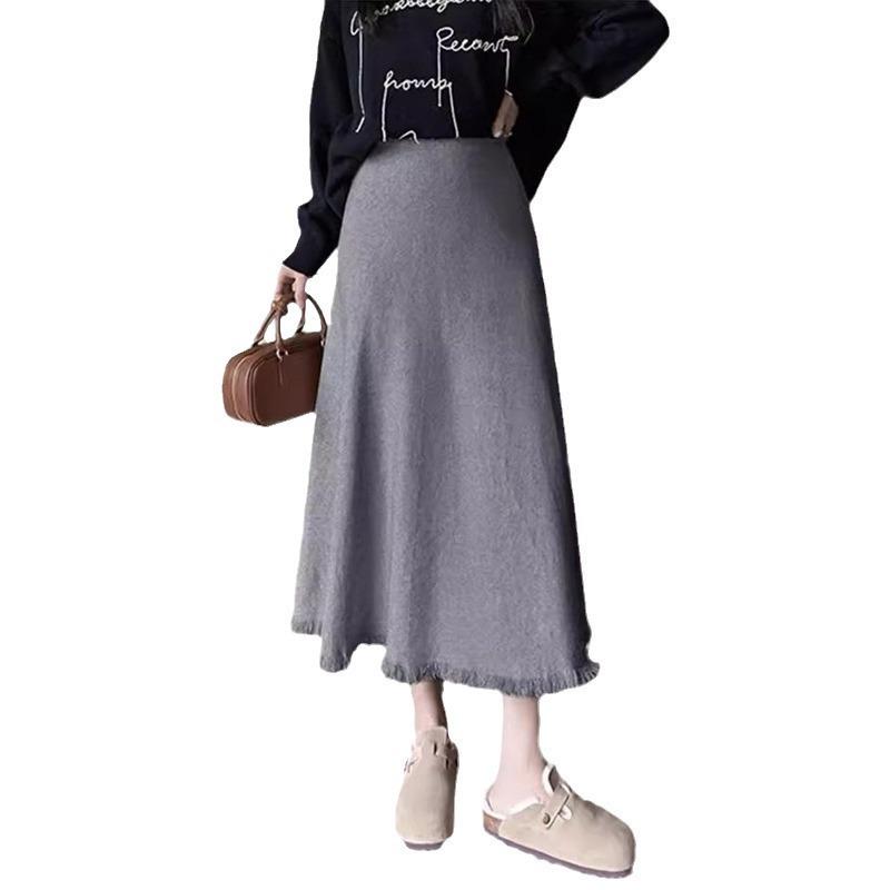 KANING Damen Quasten Wollstrick High Waist Midi Rock - Schlankmachend Unifarben für Herbst/Winter