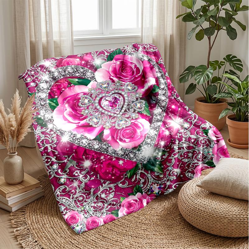 Pink Hibiscus Hearts Pattern Theme blanket Lightweight Warm Flannel Blanket Decorative Throw Blanket for Home Decoration