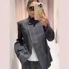 Plaid Stand Collar Button-Up Long Sleeve Pocket Casual Women's Suit Jacket
