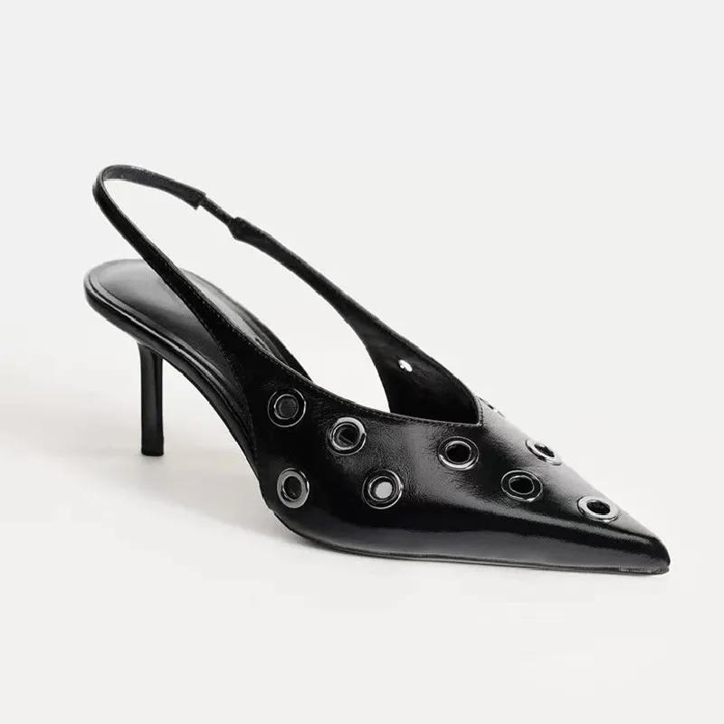 Fashion Sexy Black Pointed Toe Pumps Women Fashion Hollow Metal Decoration Brand Designer Shoes Elegant Thin Heel Slingback Dress Shoes