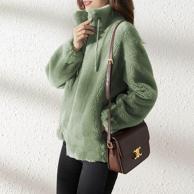 Women's Winter Stand Collar Fleece Jacket - Double-Sided Thick with Zipper and Warm Sweater Cardigan Design