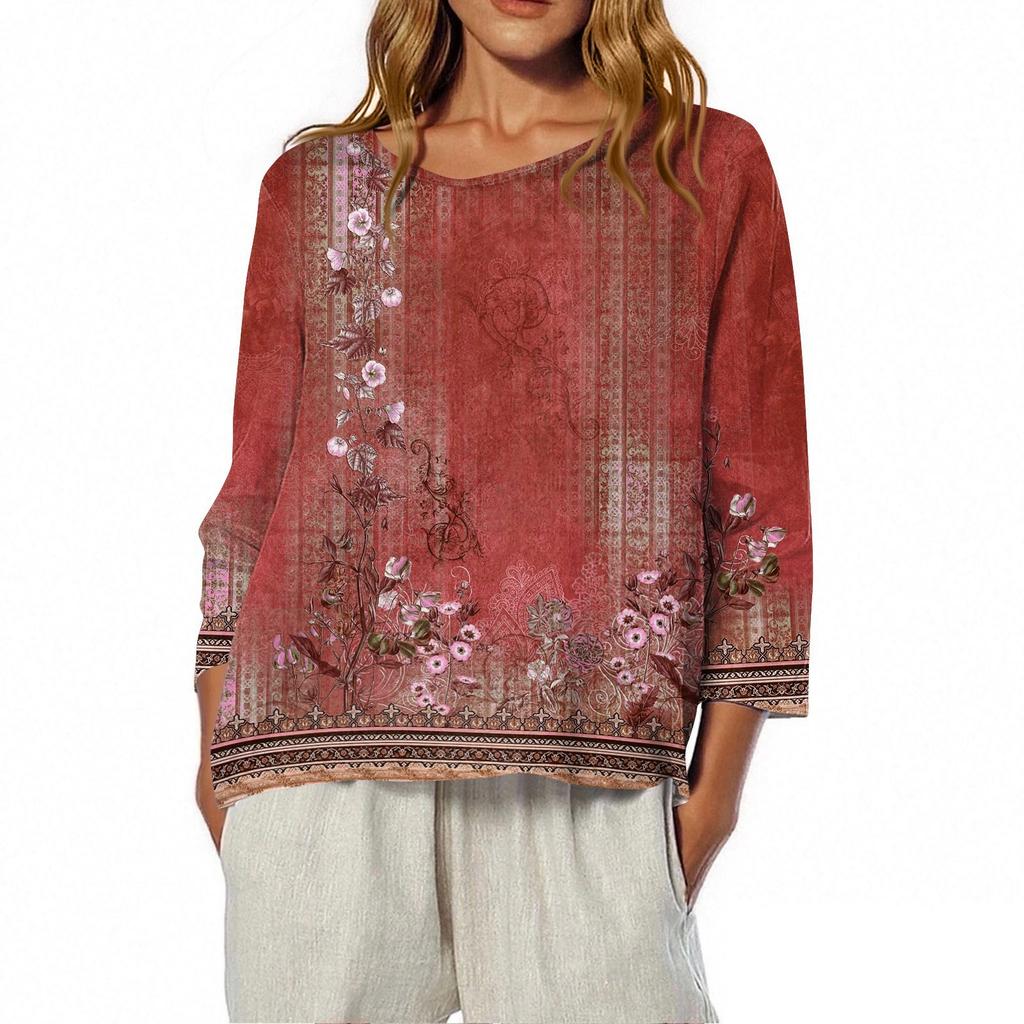 Dam O-ringad 3/4-ärmad tryckt topp T-shirt