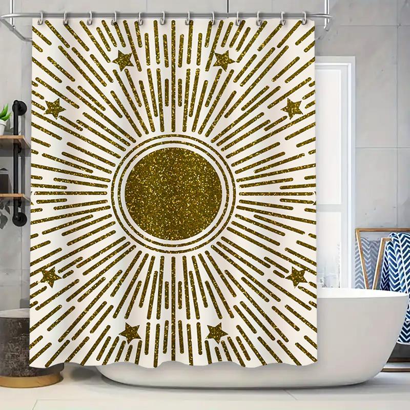 

Golden Sunburst Shower Curtain With Sparkly Glitter Modern Decorative Bath Mat Home Decoration Waterproof Fabric For Bathroom Av W60H190(CM)-1 Pcs