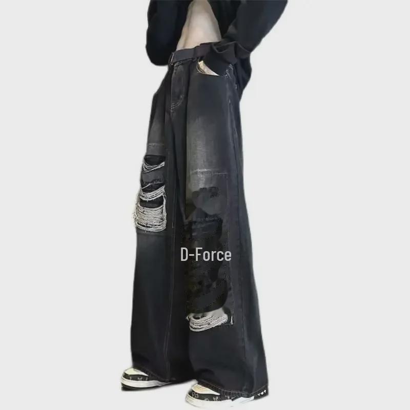 Men's Retro Wide-Leg Ripped Jeans: Spring/Autumn, High Street Casual Trousers