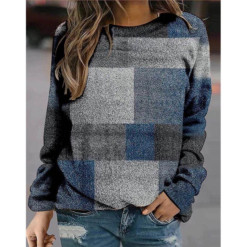 Plaid Printed Long Sleeve Round Neck Sweater Gingham Floral Print Long Sleeve Pullover