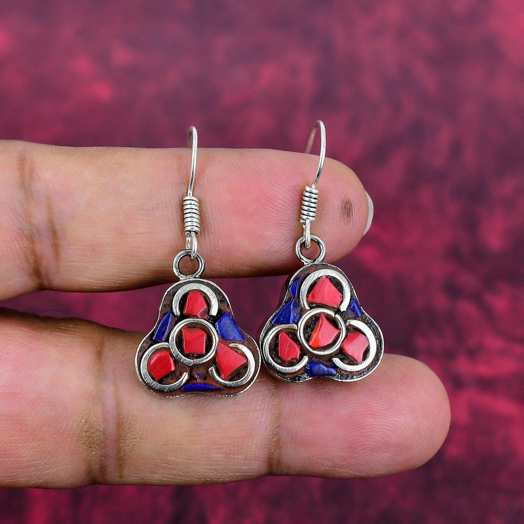 Coral & Lapis Lazuli 925 Solid Sterling Silver Earrings, Handmade Gemstone Earrings Jewelry, Gifts For Wife Brand New Nepali Earrings