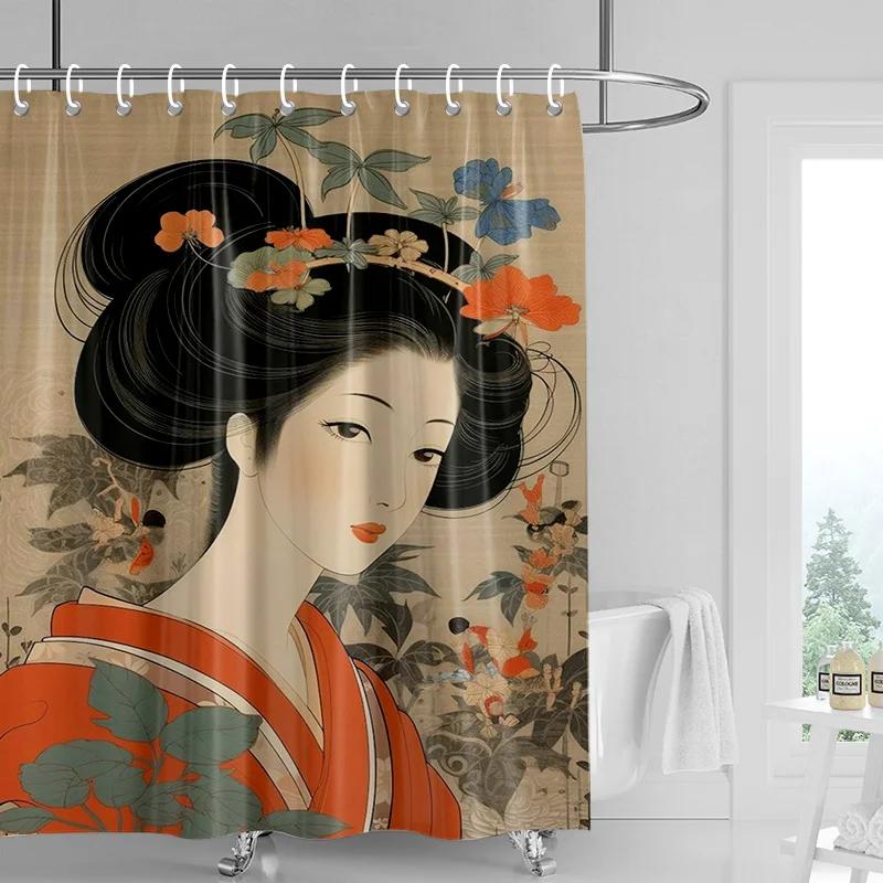 Japanese-style Gogi Retro Character Printed Shower Curtain Fading-resistant Bathroom Partition Curtain for Hotel Home Decoration