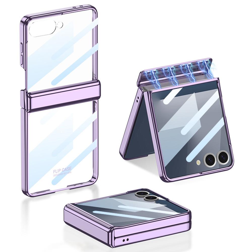 

For Samsung Galaxy Z Flip7 5G Case Hinge Protection PC Tempered Glass Clear Phone Back Cover Purple