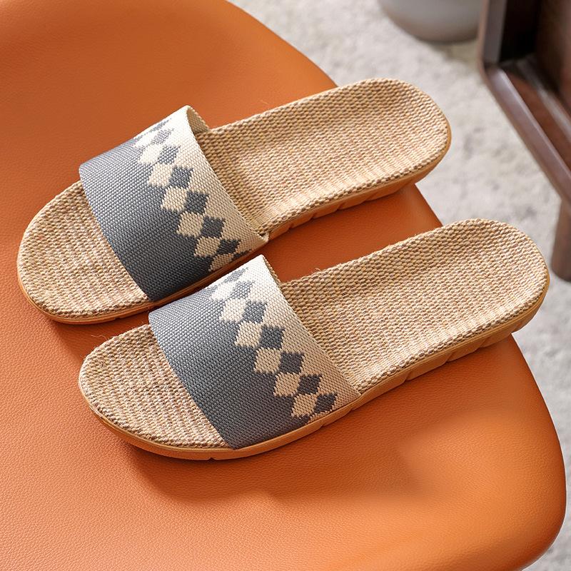 Women Men Block Linen Indoor and Outdoor Home Wooden Floor Tiles Slip Summer Four Seasons Linen Open Toe Straw Straw Slippers