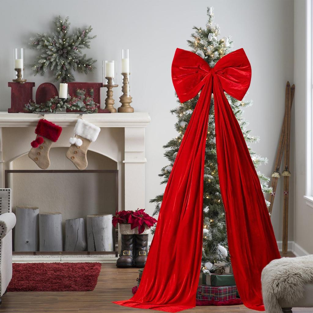 180cm Super Large Christmas Bow WineRed Velvet Christmas Tree Topper Bow Long Streamers Ribbon Bow Front Door Pendant