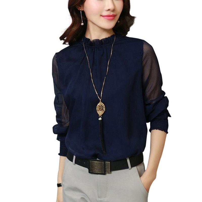 Lace Chiffon Shirt for Women Long-sleeved Shirt Ruffled Shirt Sexy Plus-size Top with Stand Up Collar