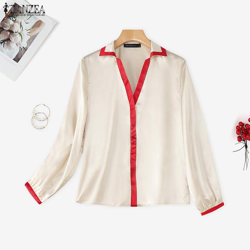 ZANZEA Women Casual V-Neck Loose Long Sleeve Satin Blouse