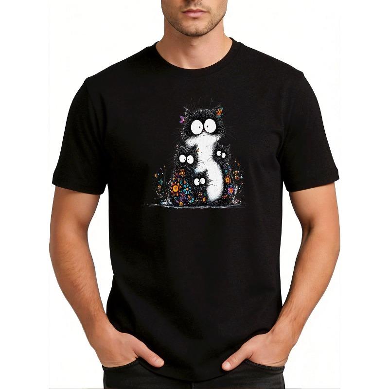 European Sizes Men'S Fashion Casual Trendy Graphic Tee with Cute Cartoon Black Cat Family Floral Print Adult Male Streetwear Holiday Gift Daily Wear