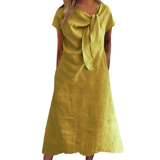 

Женское платье миди с декорированным воротником и бретельками, платье с коротким рукавом, однотонное свободное летнее повседневное платье S лимонно-желтый