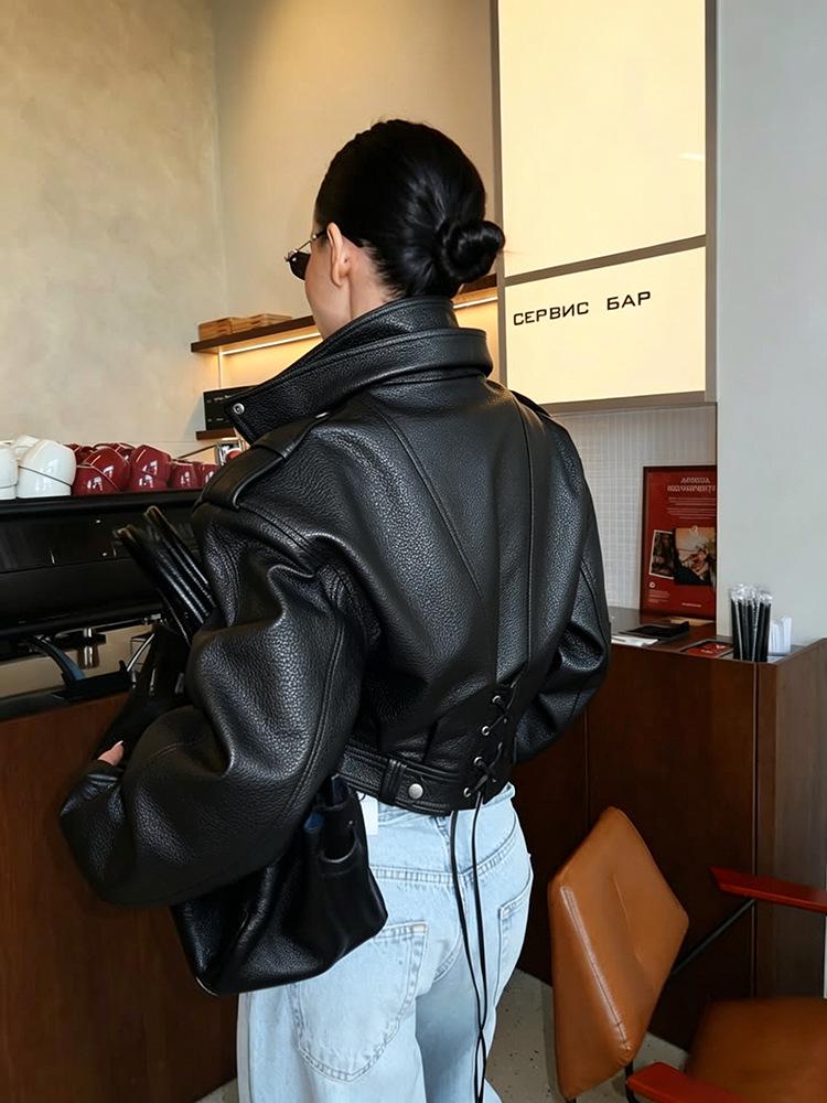 Women's European & American Style Short Lapel Motorcycle Leather Jacket - Slim Fit for Spring & Autumn 2026