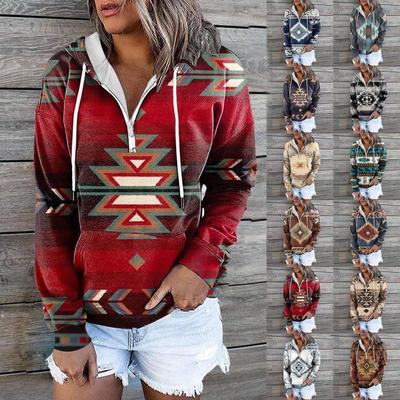 Autumn Winter Ethnic Tribe Hooded Hoodie Jacket Top Sweatshirts Women’s