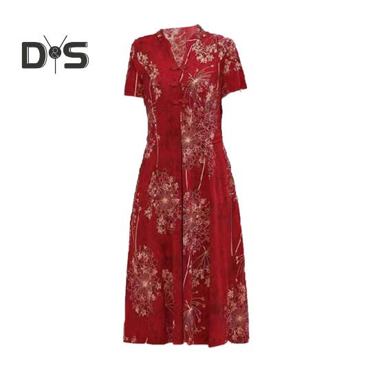 Women Summer Dress V Neck Long Sleeve Chinese Style Short Sleeves Printed A Line Pleated Pockets Knee Length Mid Aged Women Mother Midi Dress