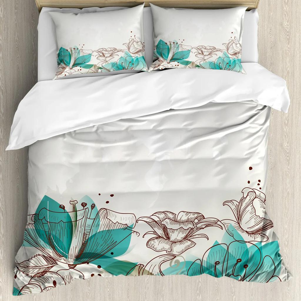 Turquoise Duvet Cover Set Retro Floral Background With Hibiscus Silhouettes Dramatic Romantic Nature Art Polyester Duvet Cover