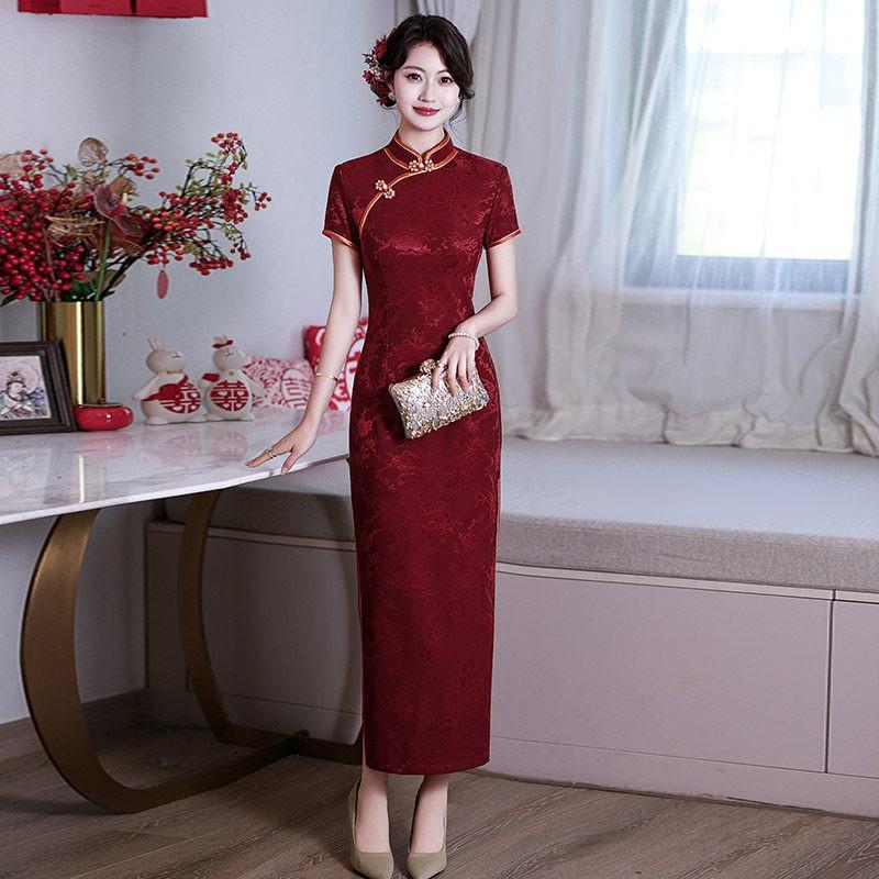 Elegant Red Long Cheongsam Dress Wedding Guest Mother Of Bride Groom Modern Chinese Style Medium
