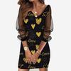 Women Dress See-through Mesh Patchwork Plus Size A-line V Neck Shiny Sequin Loose Long Sleeve Letter Print Above Knee Length Mini Dress