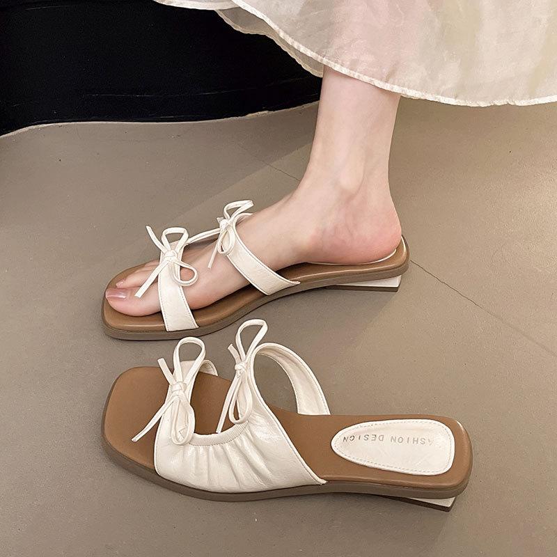 Bow French Premium Slippers Women's 2025 New Summer Korean Version Square Head Versatile Slope Heel Outside Wear Cool Slippers